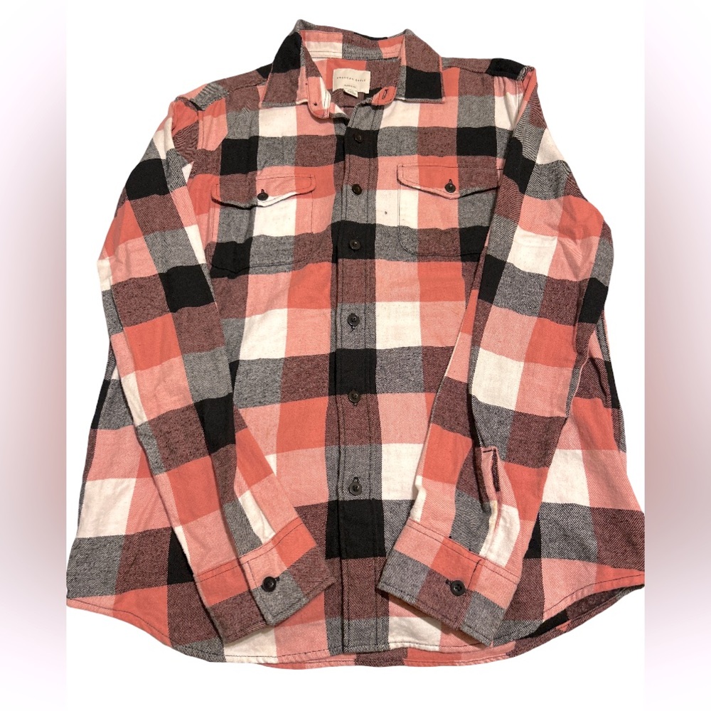 American Eagle Outfitters Red and Black Casual Button Down Shirt